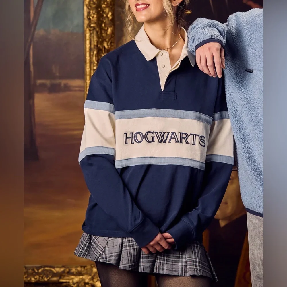 Wizarding World Hogwarts crest Rugby Pullover - Navy & Cream Stripe - Picture 3 of 10